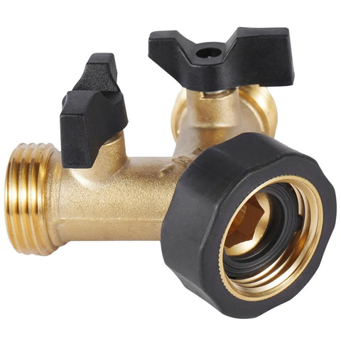 Heavy Duty Brass Garden Hose Splitter 2 Way Y Valve With Easy Grip Handle And Independent Shutoffs Lets You Run Dual Hoses From One Spigot Outdoor Faucet Splitter With Rubber Washers For Leak Free Watering, brass 2-way valve close-up