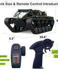 All Terrain Army RC Tank For Kids With 2.4G Proportional Remote, size dimensions and remote control features shown.