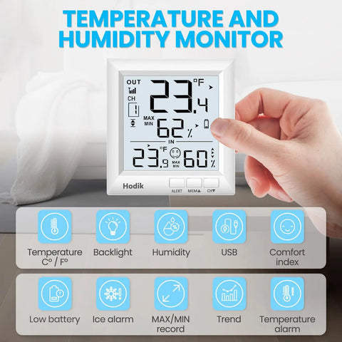 Hand holding All In One Indoor Outdoor Weather Station Thermometer with Wireless Sensor, showing large LCD display