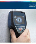 No Sweat Wall Scanner Hooked Up Instantly Catches Copper Pipes Hidden Wires And Wooden Studs Through Drywall Or Solid Concrete Dead On Accuracy Up To 120mm Deep held against a wall, showing its display.