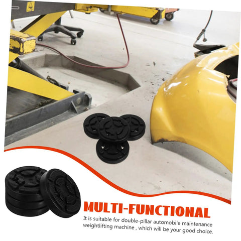 4 Pack Jack Stand Pads Rubber Lifting Blocks For Vehicle Undercarriage Protection Universal Fit For Two Post Hoists Non Slip Lift Pad Adapters For Garage Jacks And Auto Lifts, black rubber pads on garage floor near hoist equipment.