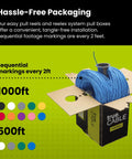 Hassle-free packaging of Cat6 Riser Ethernet Cable Bulk 1000ft Blue 23AWG showing pull box and sequential markings for easy installation.
