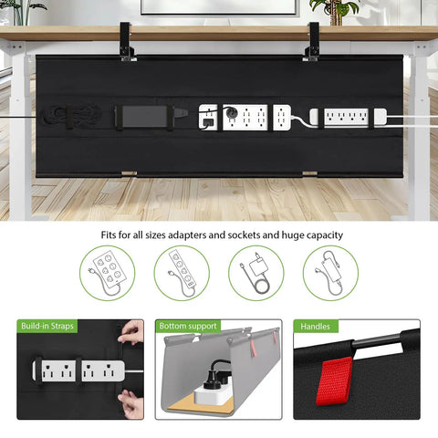 Huge 48 Inch Under Desk Cable Management Tray With Clamp Or Screw Mount No Drill Setup Holds Up To 70 Lbs, organized wires and power strips.