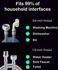 40 Micron Brass Inline Washing Machine Water Filter, Reusable Sediment Filter, Anti Scale Hose Pre Filter For Water Heater, RV, Toilet Bidet, T Port And More showing compatible interfaces for household appliances.