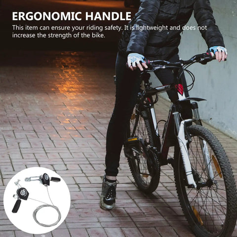 Left And Right Bicycle Thumb Shifter Set Dope Upgrade For 3x7 3x8 21 24 Speed MTB Aluminum Alloy Brake Lever Shifter Replacement For 22mm Handlebars Fits Most Mountain Bikes Two Pairs Included, showing ergonomic handle, cyclist holding handles.