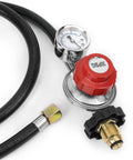 Propane regulator with gauge and red 30 PSI knob, attached to hose and POL fitting (close-up view).