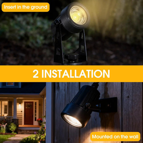 Outdoor All-Weather Landscape LED Spotlight Kit for Garden Yard House Lawn Tree and Fence with Warm White 2700K to 3300K IP67 Weatherproof Connectable 4 Pack Ideal for Pathways Patios and Perimeters Low Voltage Easy Install showing ground and wall installation