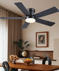 Slick 48 Inch Matte Black Flush Mount Ceiling Fan With Light For Modern Indoors installed in a cozy dining area.
