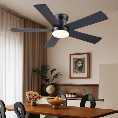 Slick 48 Inch Matte Black Flush Mount Ceiling Fan With Light For Modern Indoors installed in a cozy dining area.