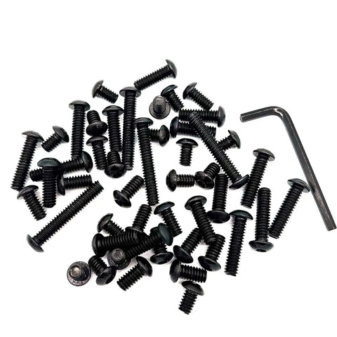 Built Tough 48 Piece Button Head Socket Cap Screw Kit With Five Sizes Plus Rugged Hex Key Black Oxide Treated 10.9 Grade Fully Threaded Bolts scattered.