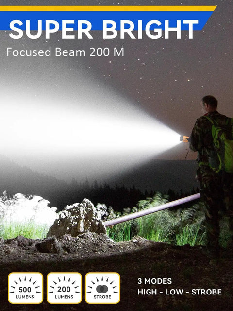 Person using Rechargeable Spotlight With Beast Mode Bright LED Beam, IPX2 Waterproof Handheld Flashlight in outdoor setting at night