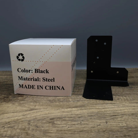 Heavy Duty Steel 4x4 Workbench Bracket Kit with black steel bracket and packaging on a wooden surface.