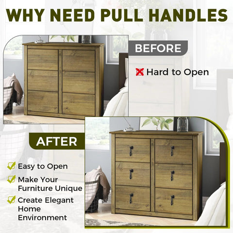 Before and after image showing the benefits of using Vintage Cabinet Pulls 2 Pack Antique Bronze Pendant Handles on a wooden dresser.