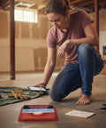 Woman using Calcium Chloride Moisture Test Kit for Concrete Slabs Pro Grade Moisture Vapor Emission Testing in a basement.