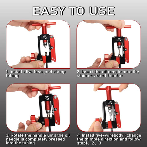 Smooth Operator 2 In 1 Hydraulic Disc Brake Needle Driver Insertion Tool With Heavy Duty Aluminum Tubing Cutter, showing usage steps.