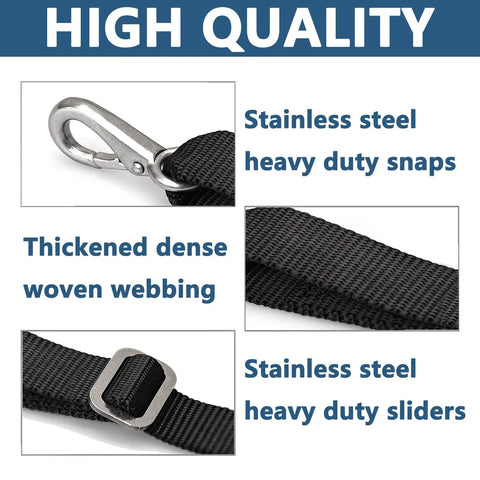Close-up of stainless steel snap hook and nylon webbing on Two Hook Adjustable Bimini Boat Top Straps 23 To 60 Inches.
