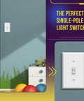 Single Pole Toggle Light Switch 15A 120 To 277V Residential Grade UL Listed With Grounding Screw White 10 Pack installed on wall.