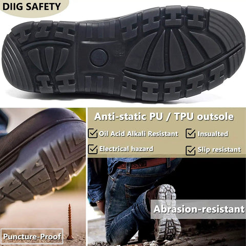 Men's Steel Toe Waterproof Work Boots With Slip Resistant Anti Static Safety Shoes Built Tough For Any Jobsite sole features.
