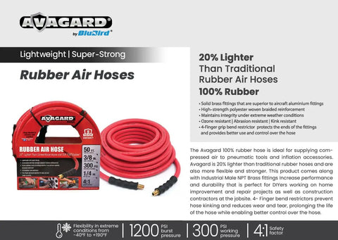 AvaGard rubber air hose red coiled, 3/8 inch 50 ft, with brass NPT fittings, flexibility -40°F to 150°F for industrial use.