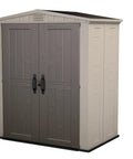 Factor 6x3 Outdoor Storage Shed Kit For Patio Furniture Lawn Tools Bikes Beach Gear Plus More Durable Resin Construction Won’t Peel Rot Or Rust Easy Assembly With 110 Cu Ft Capacity In Taupe And Brown front view