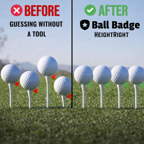 Comparison of golf ball tee heights without and with Five Level Adjustable Golf Tee Height Tool For Consistent Tee Heights.