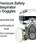 Pro Grade Reusable Half Face Respirator Kit With Anti Fog Safety Glasses And Filters For Dust Paint And Sanding, Comfortable Silicone Facepiece, Durable Particulate Protection For Heavy Duty Jobs shown with goggles and filters.