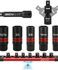Eight Piece Three Eighths Inch Drive Spark Plug Socket Set With Magnetic Rail SAE And Metric Sizes shown on white background