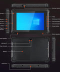 Badass Rugged Windows Tablet With 8-Inch Sunlight Readable Screen showing ports and controls, designed for job sites.