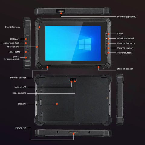 Badass Rugged Windows Tablet With 8-Inch Sunlight Readable Screen showing ports and controls, designed for job sites.