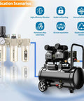 Three Quarter Inch NPT Pro Grade Three Stage Air Dryer System With Auto Drain Water Separator, Particulate And Coalescing Filters, Regulator, And Ultra Dry Output For Paint Spray And Plasma Cutter, 0 To 240 PSI shown with compressor setup
