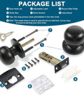 Package contents of Passage Door Knobs 3 Pack Dope Matte Black Interior Round Door Handles Non Locking for Hallways and Closets Keyless