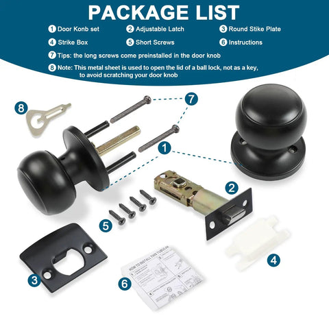 Package contents of Passage Door Knobs 3 Pack Dope Matte Black Interior Round Door Handles Non Locking for Hallways and Closets Keyless