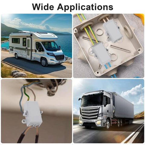 Wide applications of 10 Pack 10 AWG Wire Connector Kit with vehicles and junction boxes, showcasing versatility in high power circuits.