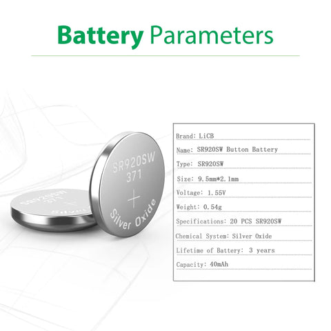 Close-up of two SR920SW 371 370 AG6 1.5V Button Cell Watch Batteries showcasing silver material, size, and battery parameters.