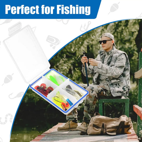 Angler sitting on dock with 4 Pack Mini Waterproof Tackle Box Organizer For Fly Fishing, Compact Fly Box With Dividers and gear.