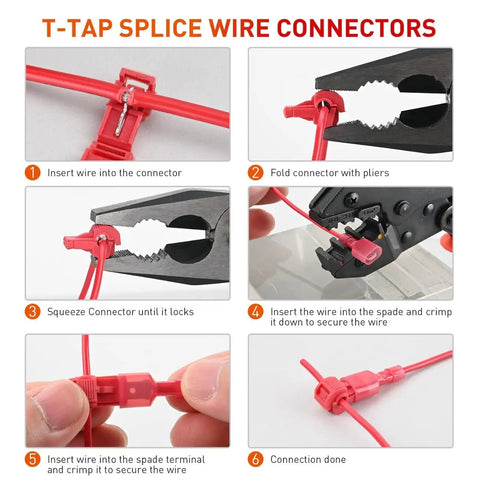 Steps for using Rapid Quick Splice T Tap Connectors Kit For 22-16 AWG Wire with fully insulated spade terminals.
