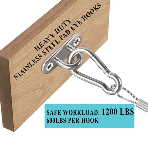 Stainless Steel Pad Eye Hooks Kit For Ceiling Hanging 1200 Lb Capacity Heavy Duty Snap Hooks With Screws Silver Oval 4 Pack For Hammocks Plant Hangers And Marine Hardware mounted on wood