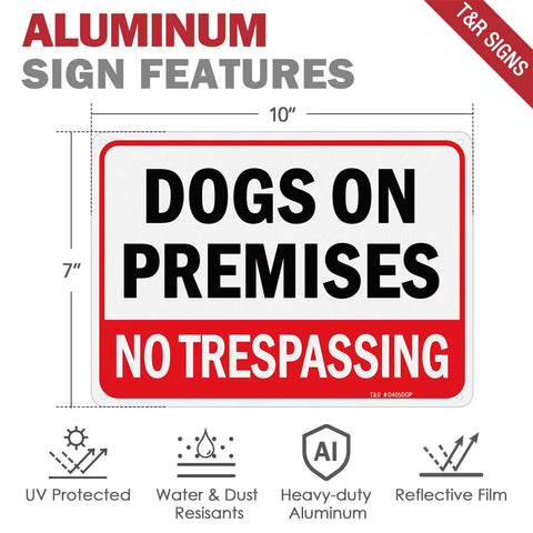 Built Solid 10x7 Inch Dogs On Premises No Trespassing Signs 2 Pack Rust Free Reflective Aluminum with features and dimensions.