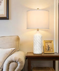 Set Of 2 Dope Ceramic Table Lamps With White Linen Shade 3 Way Dimmable Bedside Lamps For Bedroom Living Room Office Farmhouse Style Nightstand Or End Table Lighting Bulbs Included displayed on end table next to beige sofa