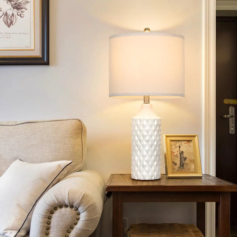 Set Of 2 Dope Ceramic Table Lamps With White Linen Shade 3 Way Dimmable Bedside Lamps For Bedroom Living Room Office Farmhouse Style Nightstand Or End Table Lighting Bulbs Included displayed on end table next to beige sofa