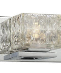 Close-up of 3 Light Sleek Chrome Integrated LED Vanity Light With Clear Cube Glass, featuring a modern chrome backplate