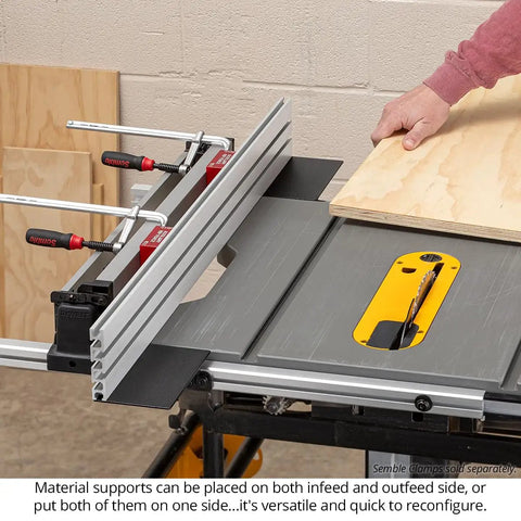 Rock Solid 36 Inch Auxiliary Rip Fence For Table Saw Job Site Extension with clamping blocks, mounted on table saw for accurate cuts.