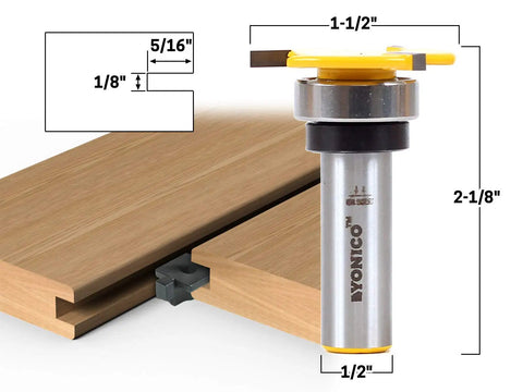 Top Bearing Slot Cutter Router Bit Featuring Dead Straight Cutting Tungsten Carbide Blades for precise 1/8 by 5/16 cuts on wood.