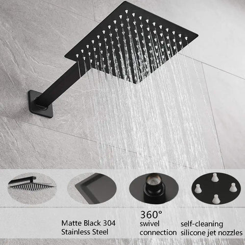 Matte Black Shower Faucet Set With Rough In Valve And Trim Kit 8 Inch Square Rain Shower Head Extra Long 14 Inch Shower Arm