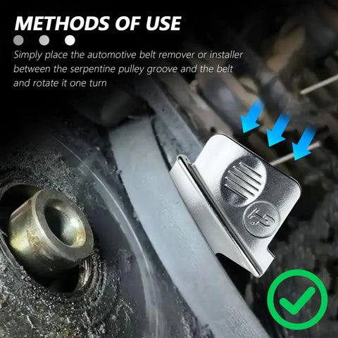 Close-up of Portable Stretch Belt Tool Kit for Cars Trucks and Carts showing belt installation method on pulley system.