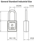 Diagram of a padlock with dimensions labeled, showing front and side views.