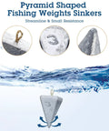 18 Piece Pyramid Fishing Weights Set, 8 Oz Triangle Sinkers For Saltwater featuring close-up of sinker design and ocean illustration.