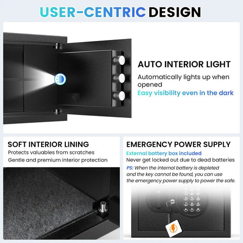 Open view of compact home safe showing auto interior light, soft lining, and keypad, highlighting smart features and power supply options.