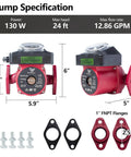 Plug And Play 115V Hot Water Recirculating Pump With Timer 115W, 12.86 GPM flow rate, includes 1" FNPT flanges and dimensions shown.