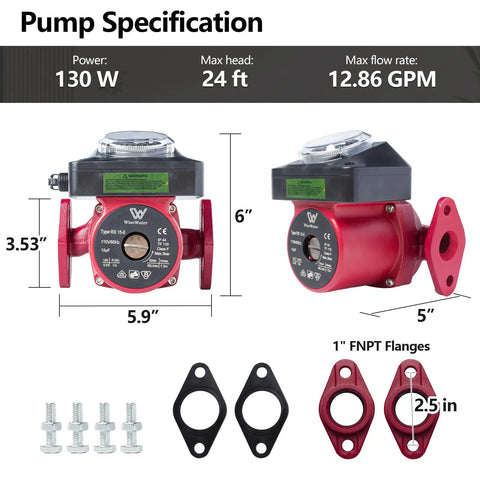 Plug And Play 115V Hot Water Recirculating Pump With Timer 115W, 12.86 GPM flow rate, includes 1" FNPT flanges and dimensions shown.
